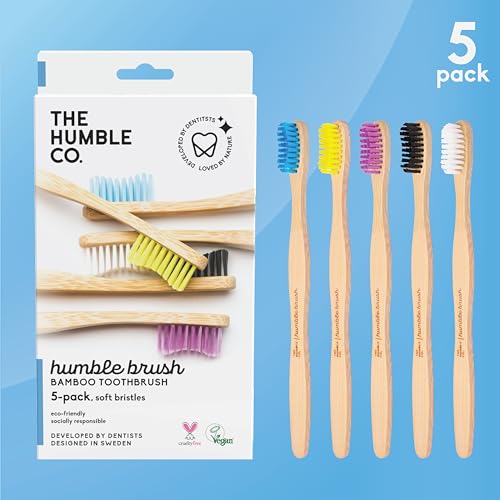 The Humble Co. Bamboo Toothbrushes - Dentist Recommended, BPA-Free Soft Bristles, 5-Pack
