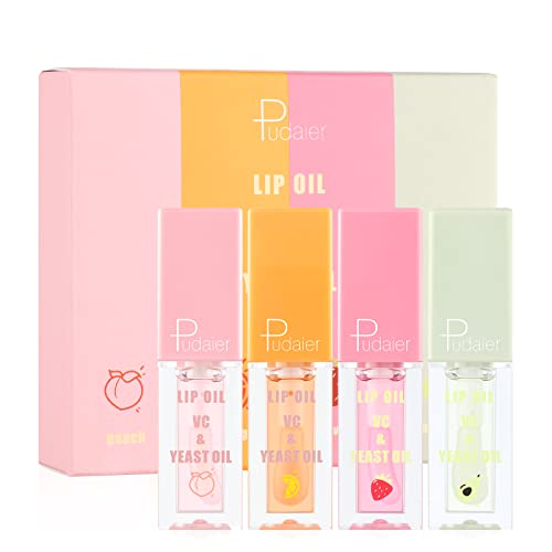 Pudaier Lip Oil Set - Nourishing Fruit Extracts, Moisturizing & Vegan - 4 Flavors, Transparent Gloss