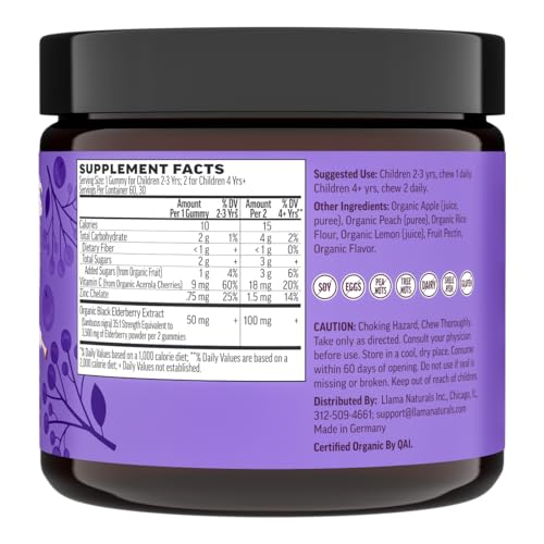 Llama Naturals Elderberry Gummies - Boosts Kids' Immunity, Vegan, No Added Sugar - 60 ct