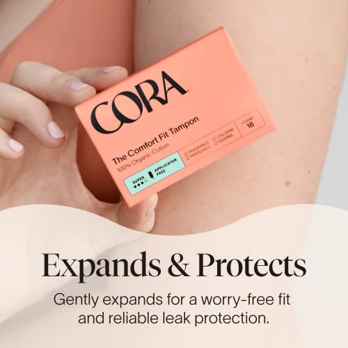 Cora Organic Cotton Non-Applicator Tampons - Ultra-Absorbent, Hypoallergenic, 36 Count