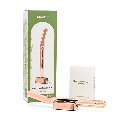 Leaf Dermaplaner Kit - Exfoliate, Remove Peach Fuzz, Plastic-Free, Includes 12 Blades & Stand