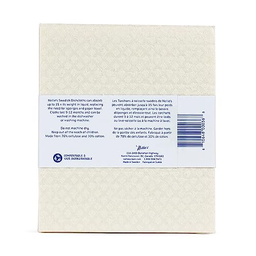 Nellie's Swedish Dishcloths (3 Pack) - Ultra Absorbent, Compostable & Odor-Free - 15x Absorbency