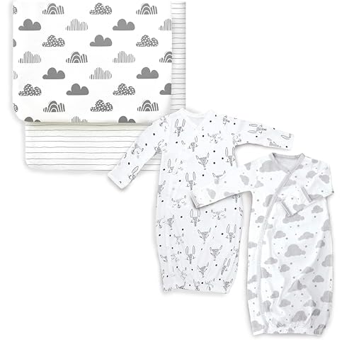 Organic Cotton Baby Gift Set - Soft Fitted Crib Sheets & Kimono Gowns for 0-6 Mo - 2 Pack