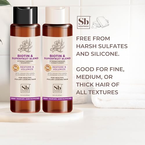 Soapbox Biotin Shampoo & Conditioner Set - Volumizing, Vegan Collagen, Aloe - 16oz Each