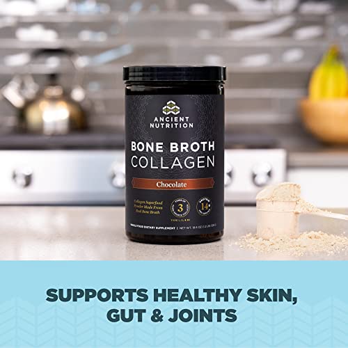 Ancient Nutrition Bone Broth Collagen Powder - Supports Skin, Joints & Nails, Chocolate - 18.6oz