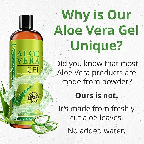 Seven Minerals Organic Aloe Vera Gel - Pure, Vegan Relief for Skin & Hair, 12oz