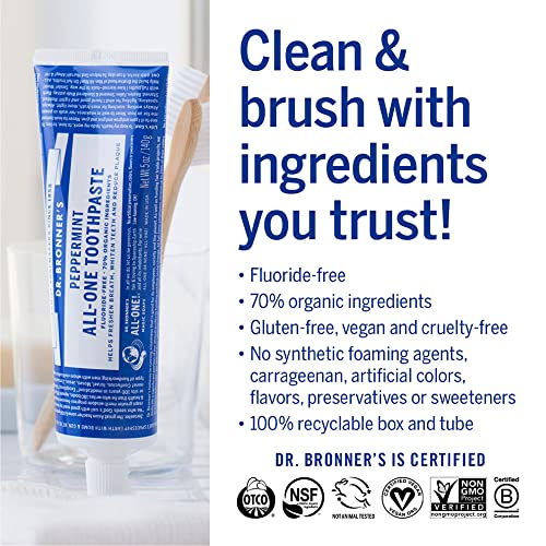 Dr. Bronner’s All-One Toothpaste Variety Pack - Fluoride-Free, 70% Organic, Vegan - 5oz, 4-Pack