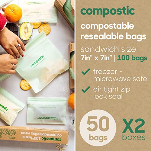 Compostic Food Storage Bags - 100% Compostable, Microwave & Freezer Safe - 100 Count (7"x7")