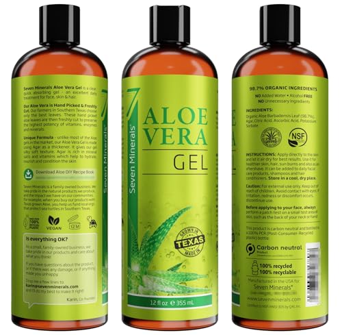 Seven Minerals Organic Aloe Vera Gel - Pure, Vegan Relief for Skin & Hair, 12oz