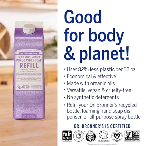Dr. Bronner's Body Soap - Organic & Fair Trade Ingredients, 82% Less Plastic - Lavender, 32oz