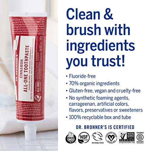 Dr. Bronner’s All-One Toothpaste - 70% Organic, Fluoride-Free, Vegan, Cinnamon Flavor - 5oz