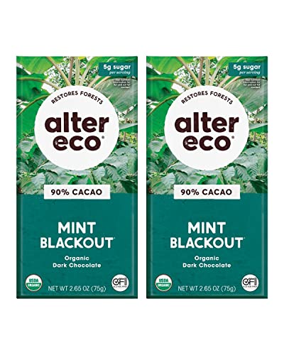 Alter Eco Dark Chocolate Bars - 90% Pure Cocoa, Fair Trade, Organic, Mint Flavor - 2-Pack