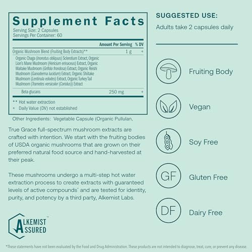 True Grace Mushroom Myco-Renew Blend - Daily Immune Support, Organic Ingredients - 120 Capsules