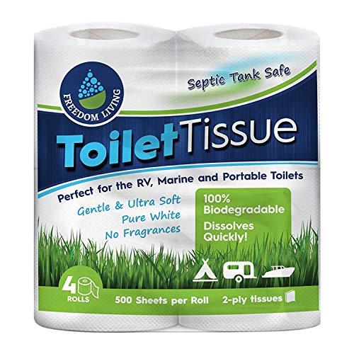 Freedom Living Toilet Paper - Biodegradable, Rapid-Dissolving, 2-Ply, 4 Rolls, 500 Sheets