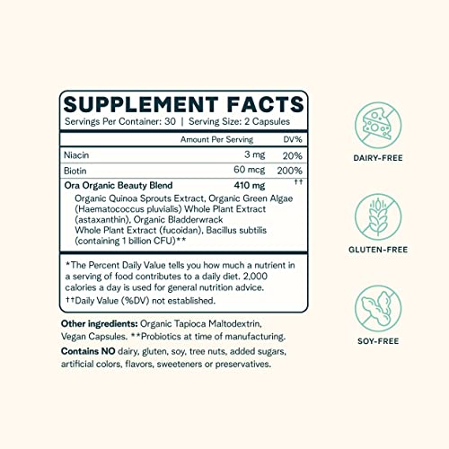 Ora Organic Hair, Skin & Nails Support - B Vitamins & Algae for Healthy Glow - 60 Vegan Capsules