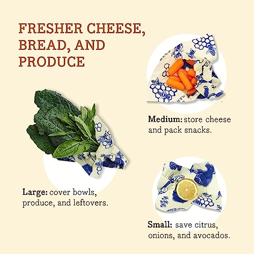 Bee's Wrap Reusable Beeswax Food Wraps - Natural Food Storage, Organic Cotton, 3 Assorted Sizes