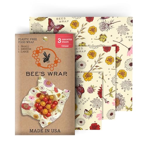 Bee's Wrap Reusable Vegan Food Wraps - Organic Cotton, Natural Seal, Assorted Sizes (3 Pack)