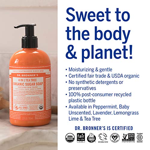 Dr. Bronner's Body Soap - Nourishing Organic Sugar & Shikakai, Vegan, 12oz for Hands & Hair