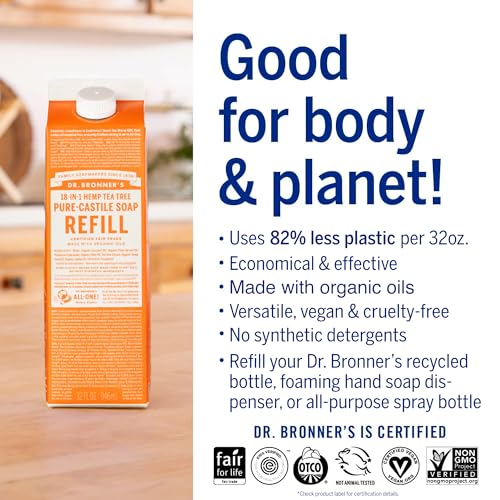 Dr. Bronner's Body Soap Refill - Organic Oils, 82% Less Plastic, Multi-Use - Tea Tree 32oz