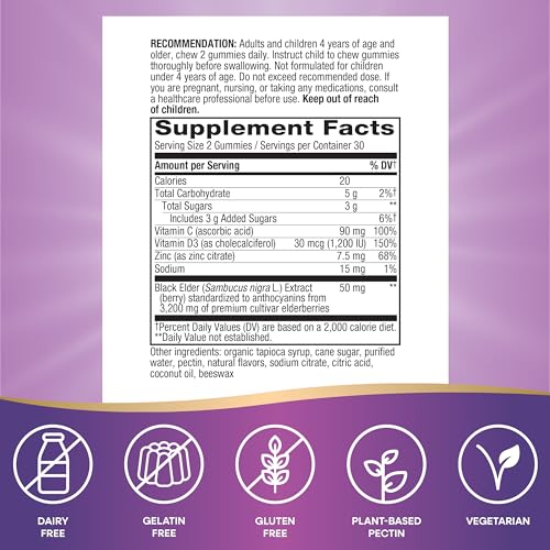 Nature's Way Sambucus Elderberry Gummies - Immune Support with Vitamin C, D3, Zinc - 60 Count