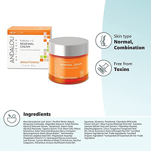 Andalou Naturals Probiotic + C Renewal Cream - Brightens & Balances Skin Health - 1.7oz