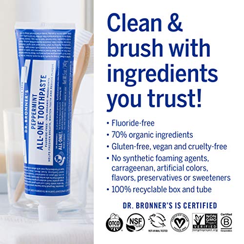 Dr. Bronner’s All-One Toothpaste Pack - Fluoride-Free, 70% Organic, Vegan - Peppermint & More, 5oz