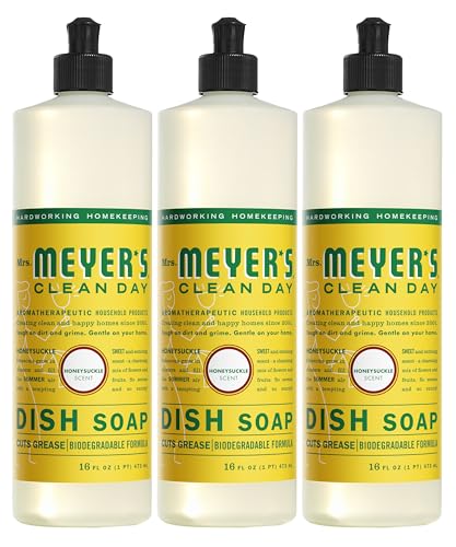 Mrs. Meyer's Dish Soap - Plant-Derived Grease Cutter, Honeysuckle Scent - 16 fl. oz, Pack of 3
