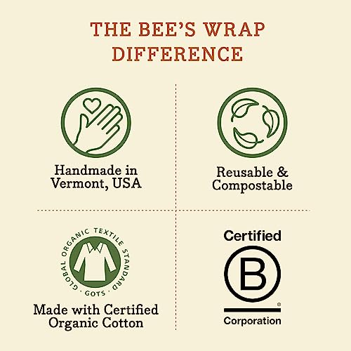 Bee's Wrap Reusable Beeswax Food Wraps - Natural Food Storage, Organic Cotton, 3 Assorted Sizes