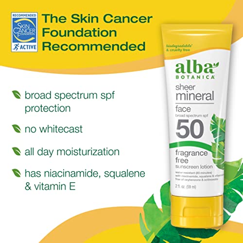 Alba Botanica Mineral Sunscreen for Face - SPF 50, Water-Resistant, Hypoallergenic - 2 fl oz