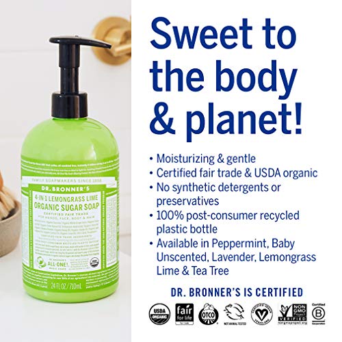 Dr. Bronner's Organic Sugar Soap - Nourishing Cleanser with Shikakai & Essential Oils - 12oz