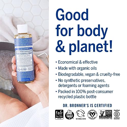 Dr. Bronner's Pure-Castile Liquid Soap - Organic, Fair Trade, Versatile Use - 8oz Peppermint