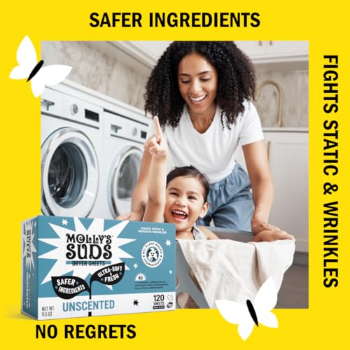 Molly's Suds Fabric Softener Dryer Sheets - Plant-Based, Sensitive Skin, Plastic-Free - 120 Sheets