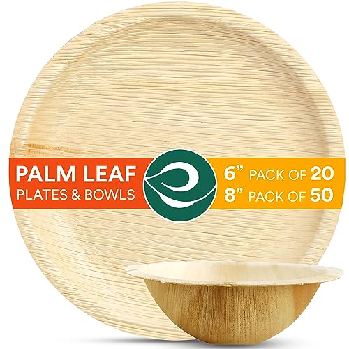 EcoSoul Dinnerware Set - 100% Compostable Palm Leaf Plates & Bowls, 70 Count - 8" & 6"