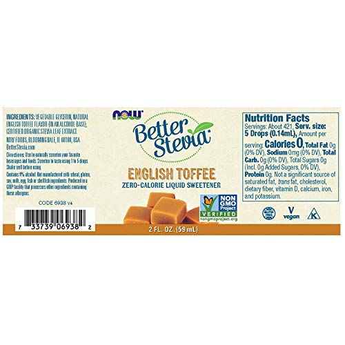 NOW Foods BetterStevia Liquid Sweetener - Zero-Calorie, English Toffee Flavor - 2oz (2 Pack)