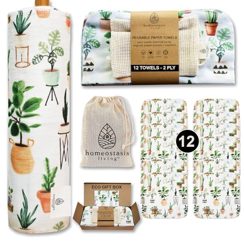 Homeostasis Living Reusable Paper Towels - Durable Organic Cotton, Washable & Versatile - 12 Pack