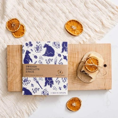 Bee's Wrap Reusable Food Storage Bundle - Vegan Wraps & Swedish Dish Cloths, Meadow Magic - 3 Pack