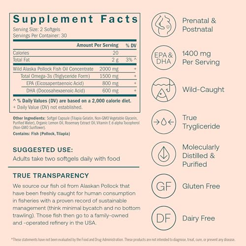 True Grace Prenatal DHA Softgels - Supports Brain Development, Wild Caught, Gluten Free - 60ct