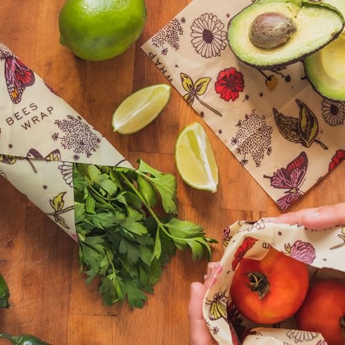 Bee's Wrap Reusable Food Storage Bundle - Vegan Wraps & Swedish Dish Cloths, Meadow Magic - 3 Pack