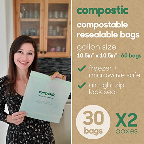 Compostic Compost Bags - 100% Compostable, Durable & Non-Toxic, 60 Resealable Sandwich & Gallon Bags