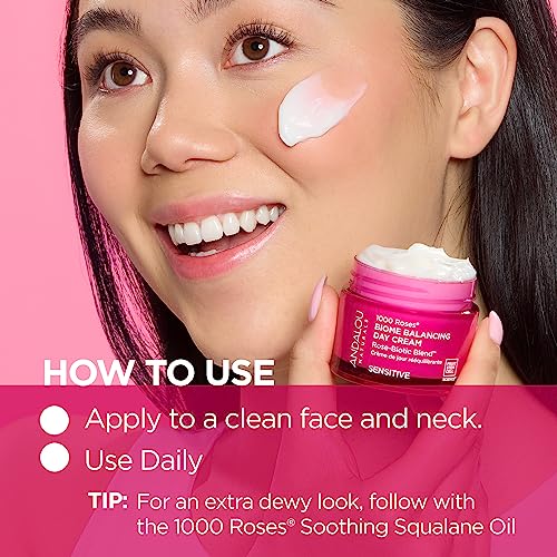 Andalou Naturals 1000 Roses Day Cream - Balances Microbiome, Nourishes Sensitive Skin - 1.7oz