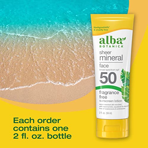 Alba Botanica Mineral Sunscreen for Face - SPF 50, Water-Resistant, Hypoallergenic - 2 fl oz
