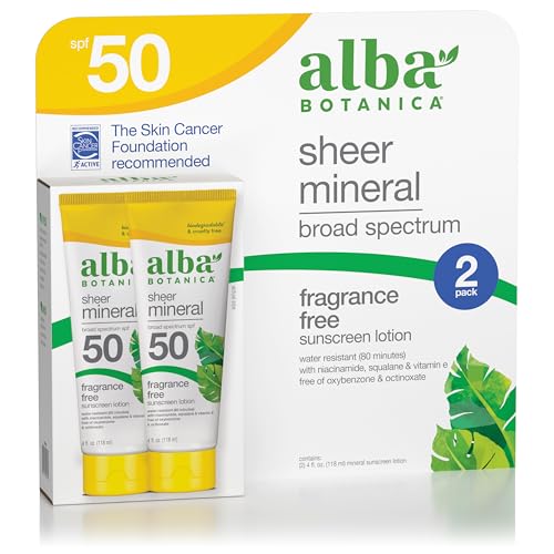 Alba Botanica Mineral Sunscreen - Broad Spectrum SPF 50, Water Resistant, 2-Pack of 4 fl oz