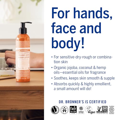 Dr. Bronner's Body Lotion - Hydrating Orange & Lavender, Fair Trade & Vegan - 236ml Recycled Bottle
