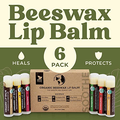 Earth's Daughter USDA Organic Lip Balm 6-Pack - Moisturizing, Non-GMO, Beeswax, Fruit Flavors