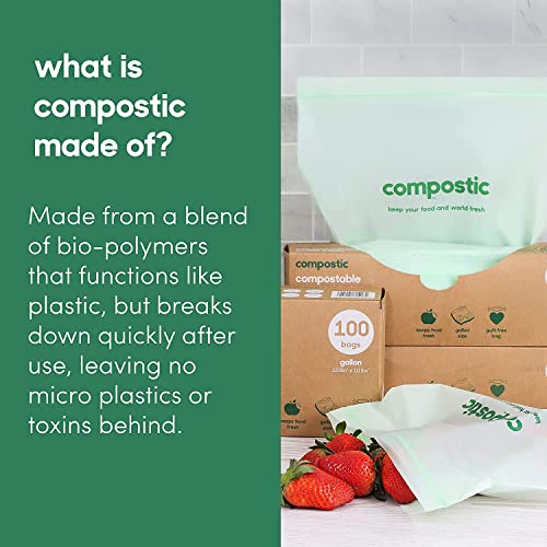 Compostic Compost Bags - 100% Compostable, Durable & Non-Toxic, 60 Resealable Sandwich & Gallon Bags