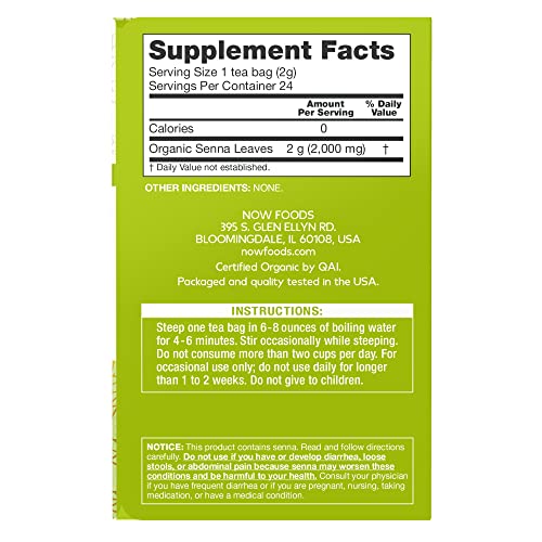 NOW Foods Organic Senna Tea - Herbal Laxative, USDA Organic, Non-GMO, 24 Unbleached Bags