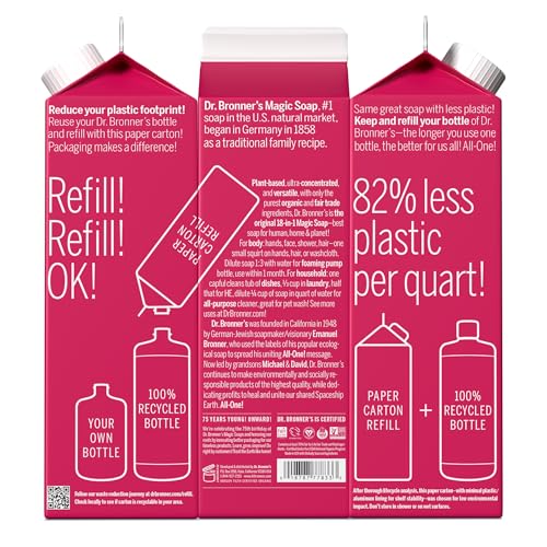 Dr. Bronner's Body Soap - Organic Oils, Fair Trade, 82% Less Plastic Refill - 32oz Rose