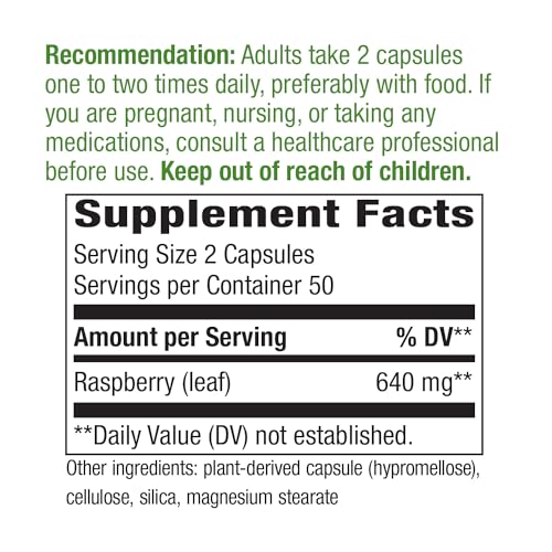 Nature's Way Herbal Supplement - 640mg Raspberry Leaf for Women's Health, Vegan - 100 Capsules