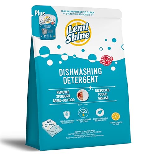 Lemi Shine Dishwasher Detergent Pods - Powerful Citric Acid, Fresh Lemon Scent - 65 Count