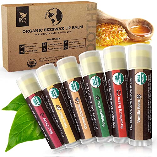 Earth's Daughter USDA Organic Lip Balm 6-Pack - Moisturizing, Non-GMO, Beeswax, Fruit Flavors